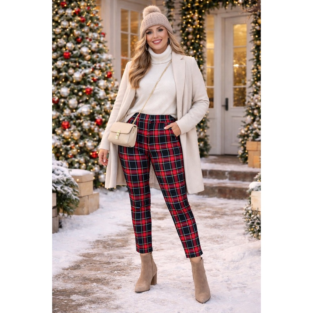 Women's‎ Plaid Pants Black Red Slim Fit Casual Size XL